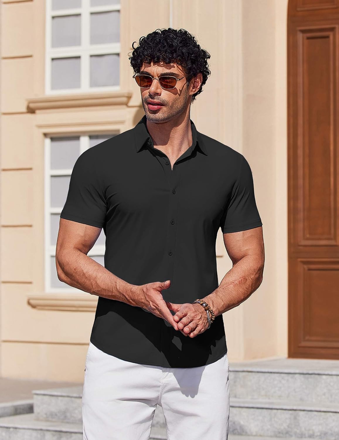 HOTCOOFANDY Mens Muscle Fit Dress Shirts Stretch Wrinkle Free Short Sleeve Button Down Shirt Casual Solid Untucked Shirt