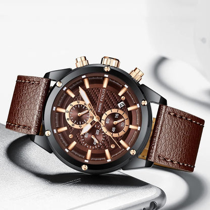 HOTMINI Focus Men Watches Business Casual Wrist Watches (Multifunction/Waterproof/Luminous/Calendar) Genuine Leather Band Fashion Watch for Men