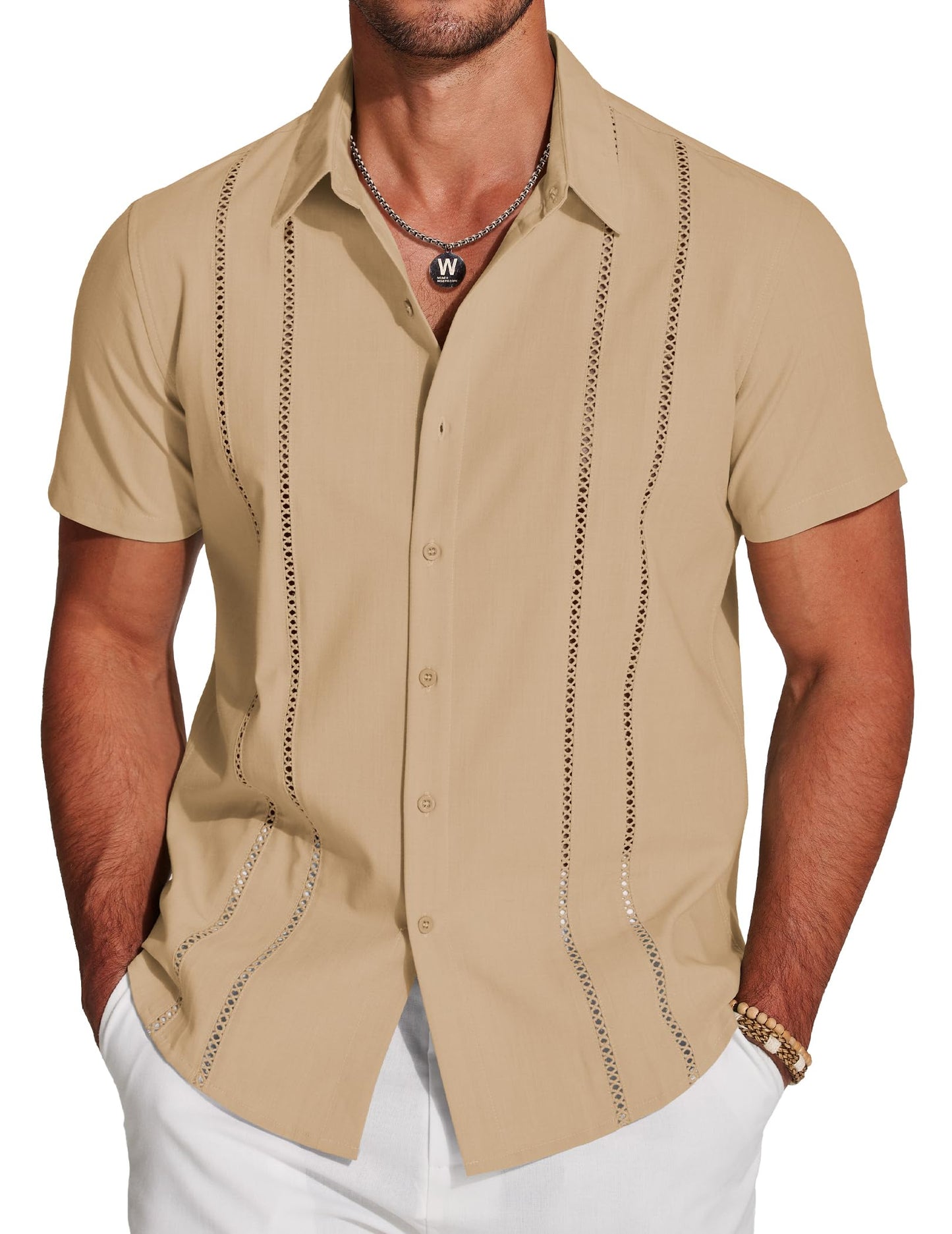 HOTCOOFANDY Men's Cuban Guayabera Shirt Short Sleeve Button Down Shirts Casual Summer Beach Linen Shirts