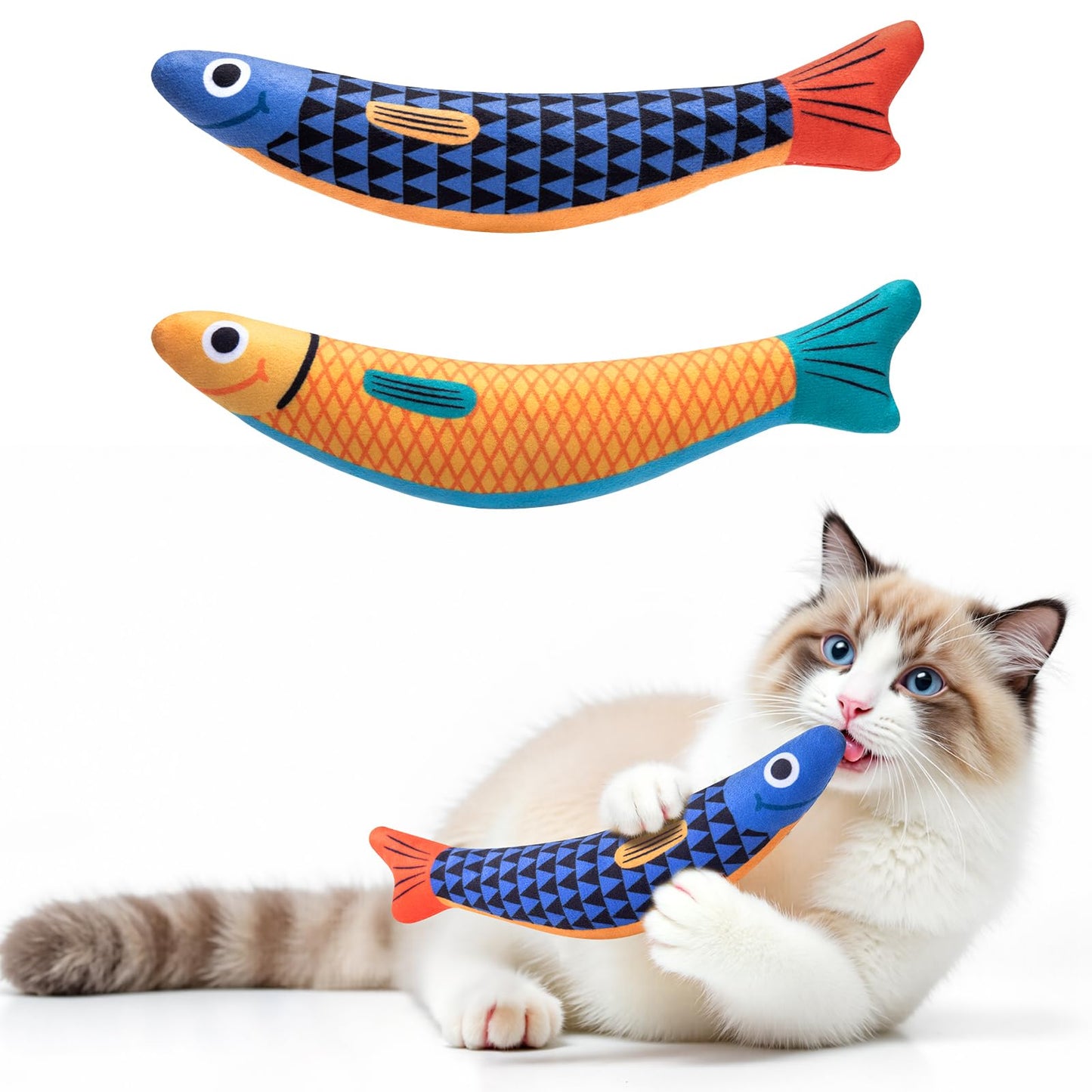 HOTPetBusy Cat Toys with[5000mg A+Natural Catnip &Silvervine] [Baby Grade] Interactive Soft Chew Kicker Cat Toys for Indoor Cats & Kittens, [Crinkle &Bell] Fish Sound Toy, Drives Bored Cat Crazy with Fun