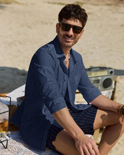 HOTAlimens & Gentle Mens Cotton Linen Textured Shirt Long Sleeve Button Down Shirts Casual Summer Beach Wedding Tops with Pocket
