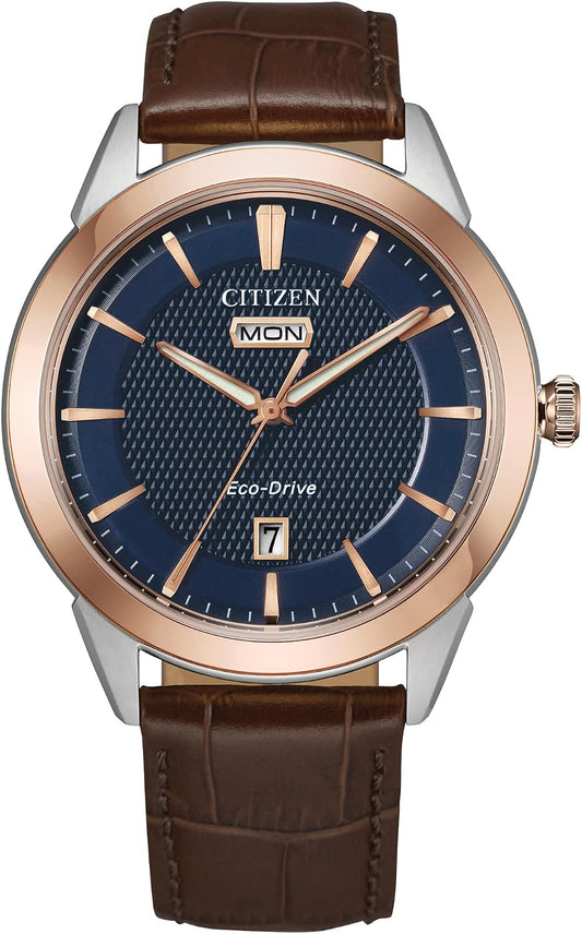 HOTCitizen Men's Eco-Drive Dress Classic Rolan, Brown Leather Strap, Navy Dial, 3 Hand, Day/Date (Model: AW0096-06L)