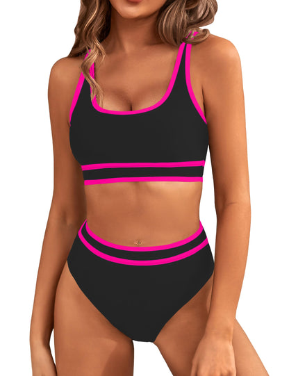 HOTBMJL Women's High Waisted Bikini Sets Sporty Two Piece Swimsuits Color Block Tummy Control Modest Bathing Suit
