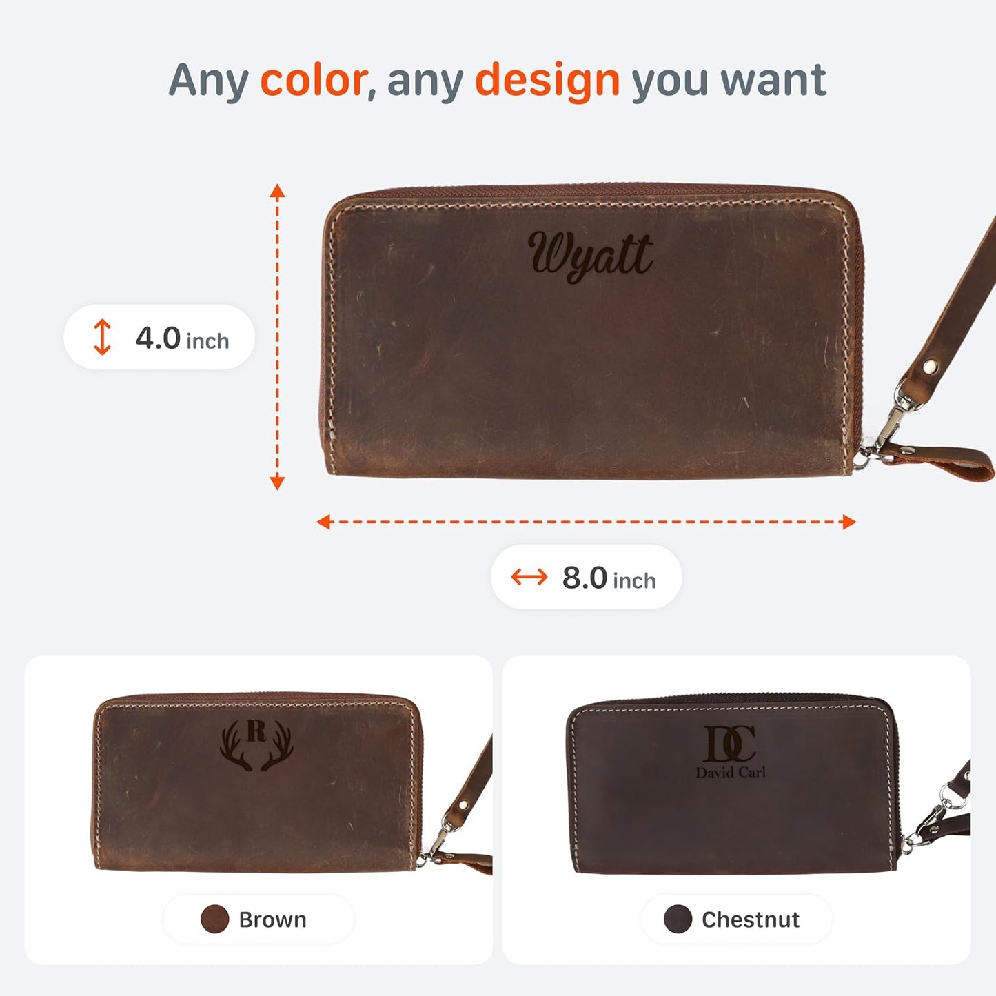HOTCustom Women Leather Wallet Personalized Engraved Clutch with Zipper Handmade Crazy Horse Leather Purse (Brown)