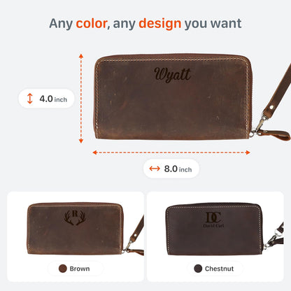 HOTCustom Women Leather Wallet Personalized Engraved Clutch with Zipper Handmade Crazy Horse Leather Purse (Brown)
