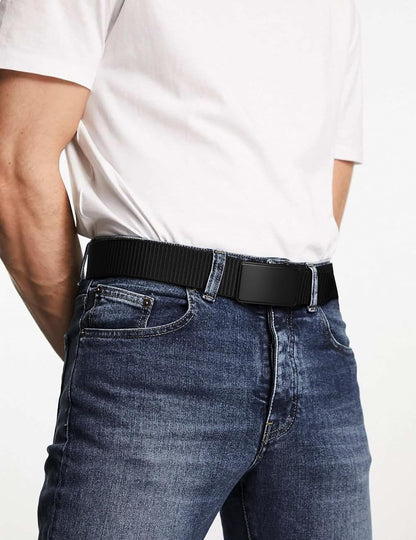 HOTJUKMO Men's 1.5" Nylon Ratchet Casual Belt for Jeans | Web Click Belt with Slide Buckle, No Holes Adjustable Trim to Fit , Gift Box