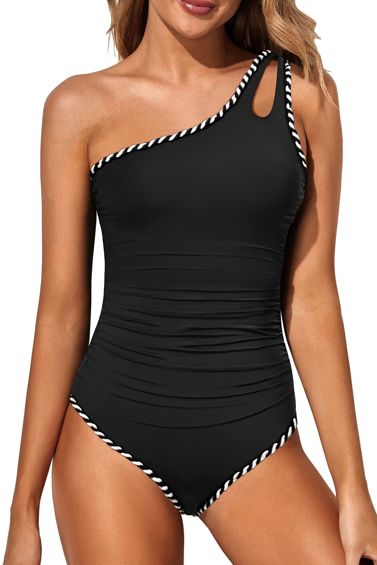 HOTWomen's One Shoulder One Piece Tummy Control Swimsuit Full Coverage | Keyhole Design, Full Coverage Fit, Modest Style, Ruched Waist, Adjustable Shoulder Strap, Removable Soft Cups