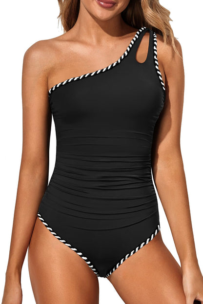 HOTWomen's One Shoulder One Piece Tummy Control Swimsuit Full Coverage | Keyhole Design, Full Coverage Fit, Modest Style, Ruched Waist, Adjustable Shoulder Strap, Removable Soft Cups