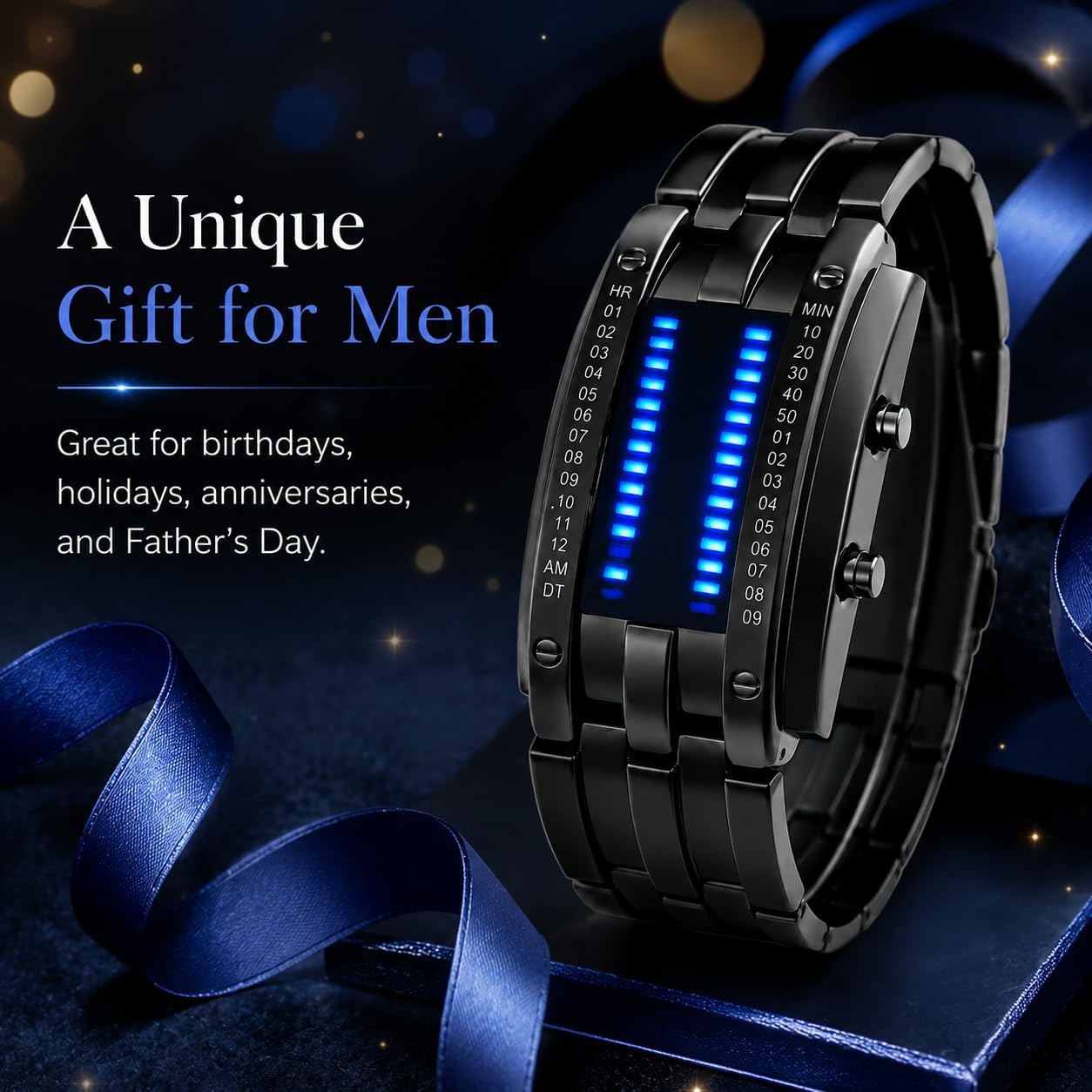HOTFANMIS Creative Mens Binary Matrix Blue LED Digital Watch Fashion Classic Black Plated Waterproof LED Backlight Bracelet Watches