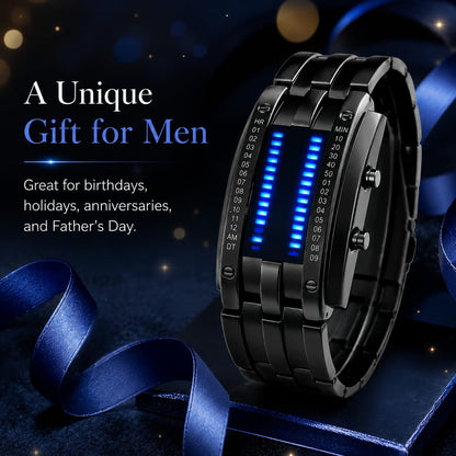 HOTFANMIS Creative Mens Binary Matrix Blue LED Digital Watch Fashion Classic Black Plated Waterproof LED Backlight Bracelet Watches
