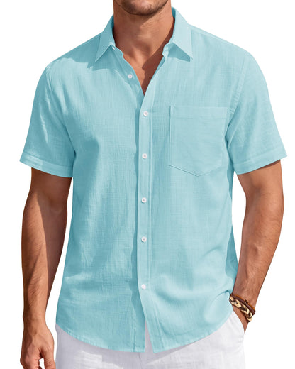 HOTJ.VER Mens Linen Shirt Short Sleeve Button Down Casual Summer Shirts | Cotton Linen, Untucked, Big Tall, from Beach Camp Vacation, Cruise Fishing, Work Office, to Wedding Party Family, with Pocket