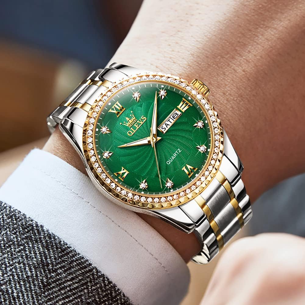 HOTOLEVS Men's Casual Stainless Steel Watch, Big Face Easy to Read Analog Quartz Watch with Day and Date, Classic Waterproof Diamond Roman Arabic Numeral Dial Dress Watch for Men, Gold Silver Black Band