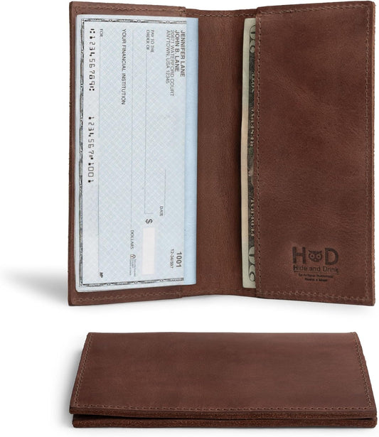 HOTHide & Drink, Checkbook Cover, Minimalist Organizer for Personal or Business Finances, Bill Holder, Full Grain Leather, Handmade, Bourbon Brown