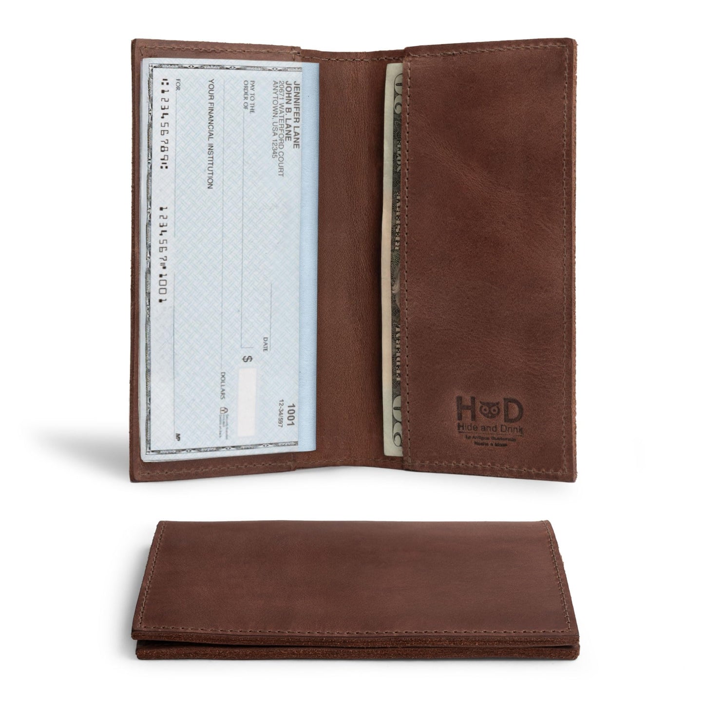 HOTHide & Drink, Checkbook Cover, Minimalist Organizer for Personal or Business Finances, Bill Holder, Full Grain Leather, Handmade, Bourbon Brown