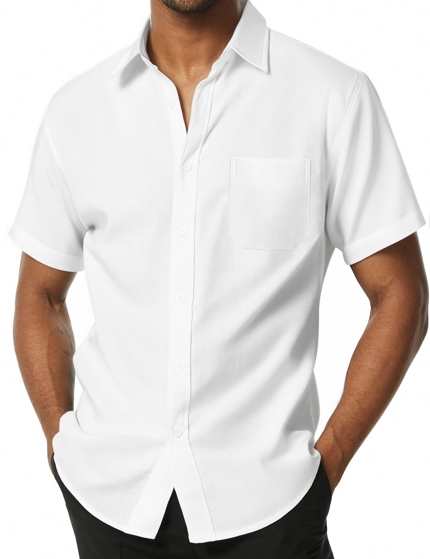 HOTPARKLEES Mens Wrinkle Free Short Sleeve Button Down Shirts Texture Linen Shirts Casual Vacation Beach Summer Tops