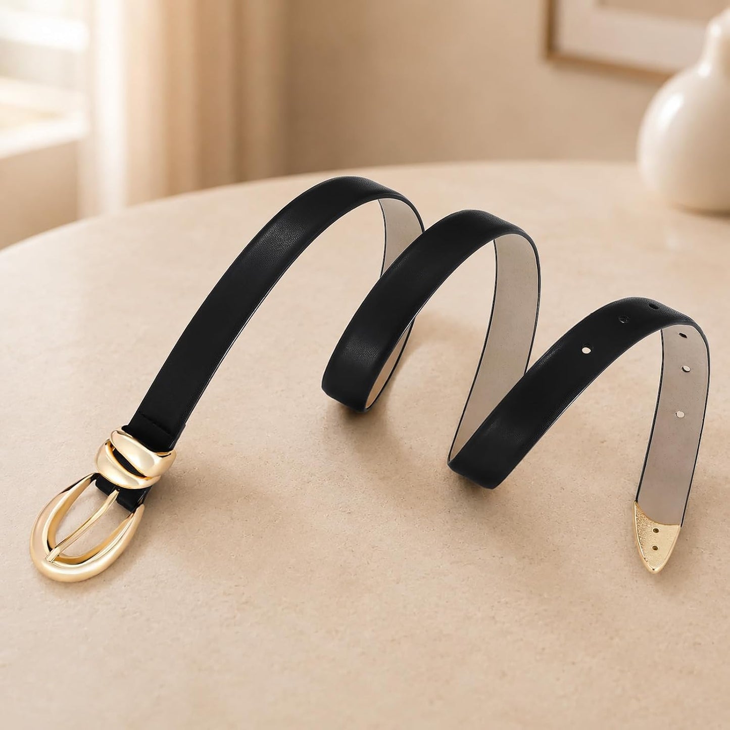 HOTRISANTRY Leather Belt for Women Stylish Design with Gold Buckle Ladies Black Belt Perfect for Jeans Dresses