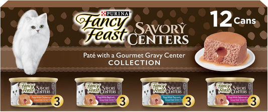 HOTPurina Fancy Feast Savory Centers Wet Cat Food Pate Variety Pack With Chicken, Salmon, Beef, and Tuna Pate with Gravy Center - (2 Packs of 12) 3 oz. Pull-Top Cans