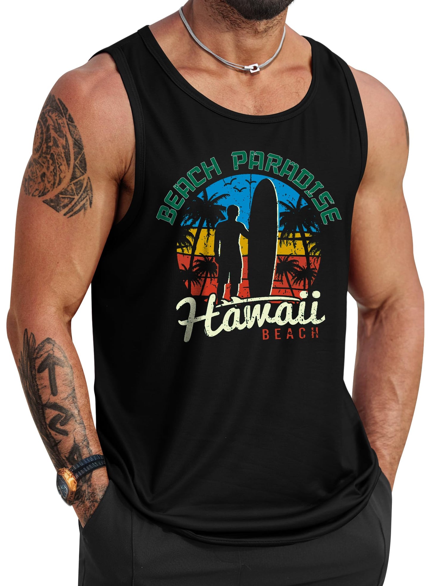 HOTVOGSTART Mens Hawaiian Beach Tank Tops Summer Vacation Muscle Top Graphic Sleeveless Shirts (S-3XL)
