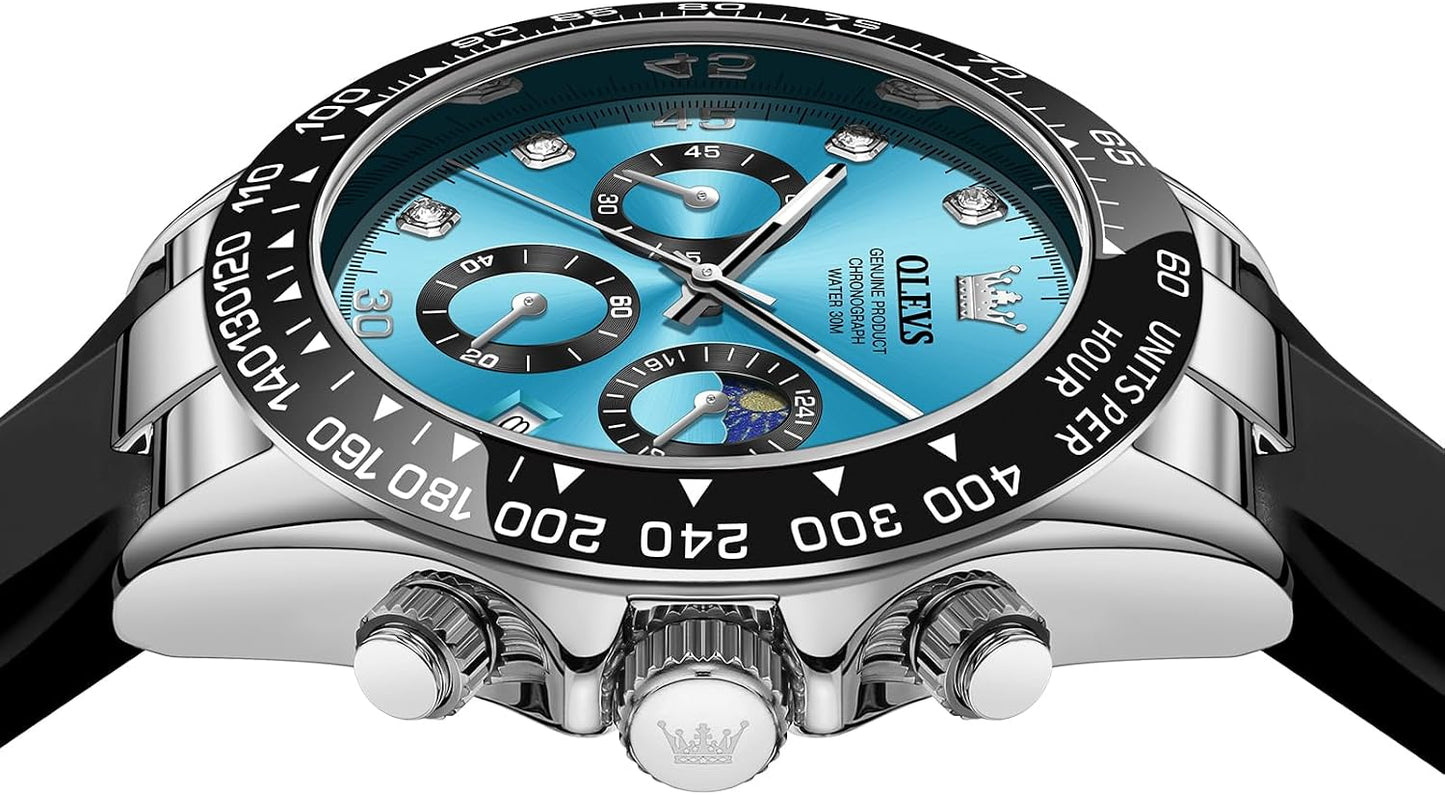 HOTOLEVS Men Analog Quartz Waterproof Watches Multifunction Chronograph Diamond Moon Phase Luminous Silicone Band Wrist Watches