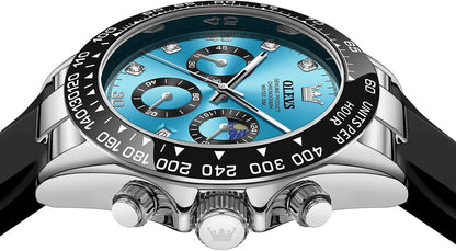 HOTOLEVS Men Analog Quartz Waterproof Watches Multifunction Chronograph Diamond Moon Phase Luminous Silicone Band Wrist Watches