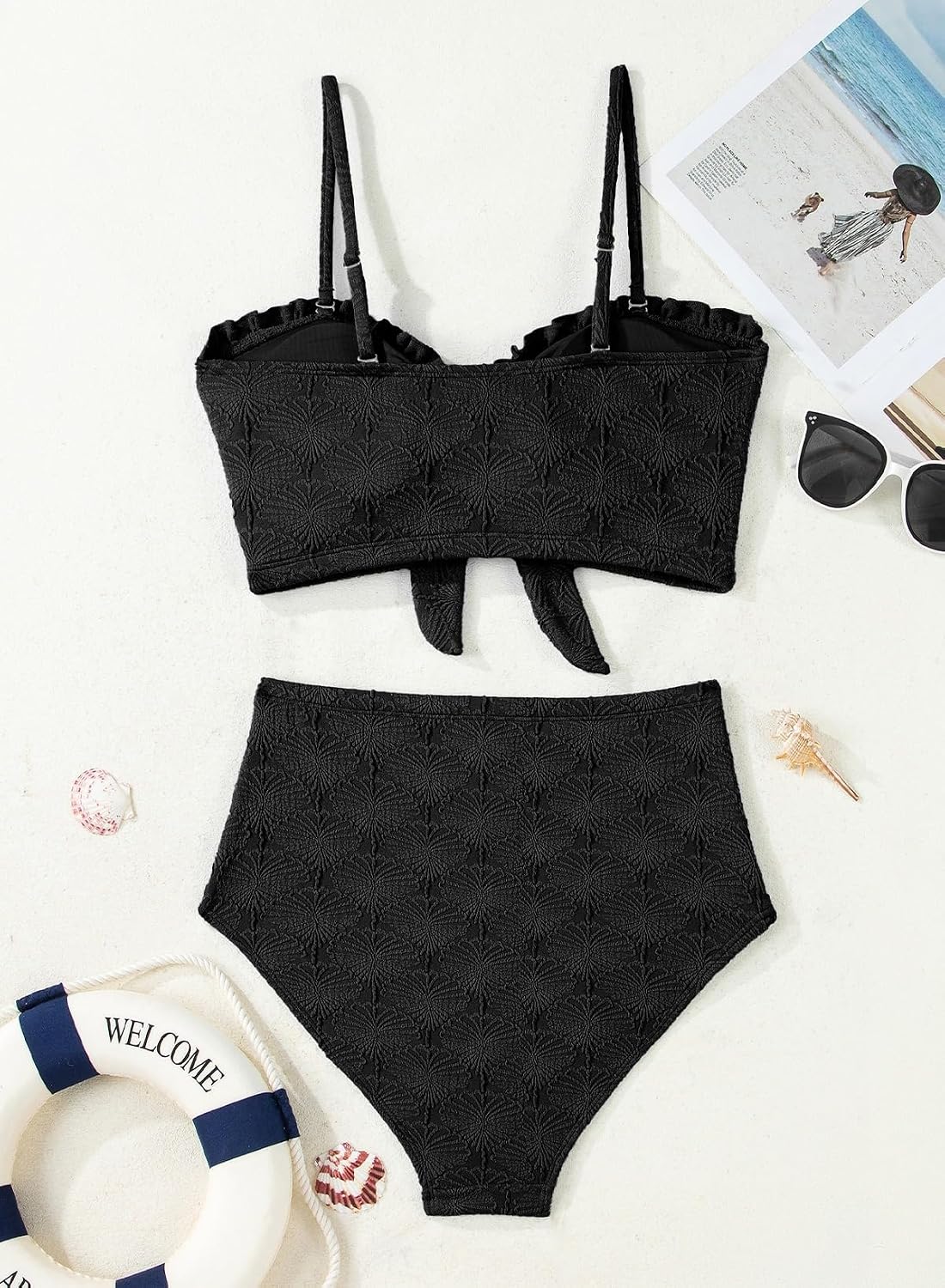HOTHerseas Women's Seashell Textured Bikini Sets Knotted Front 2 Piece Swimsuits Ruffle Trim Bathing Suits