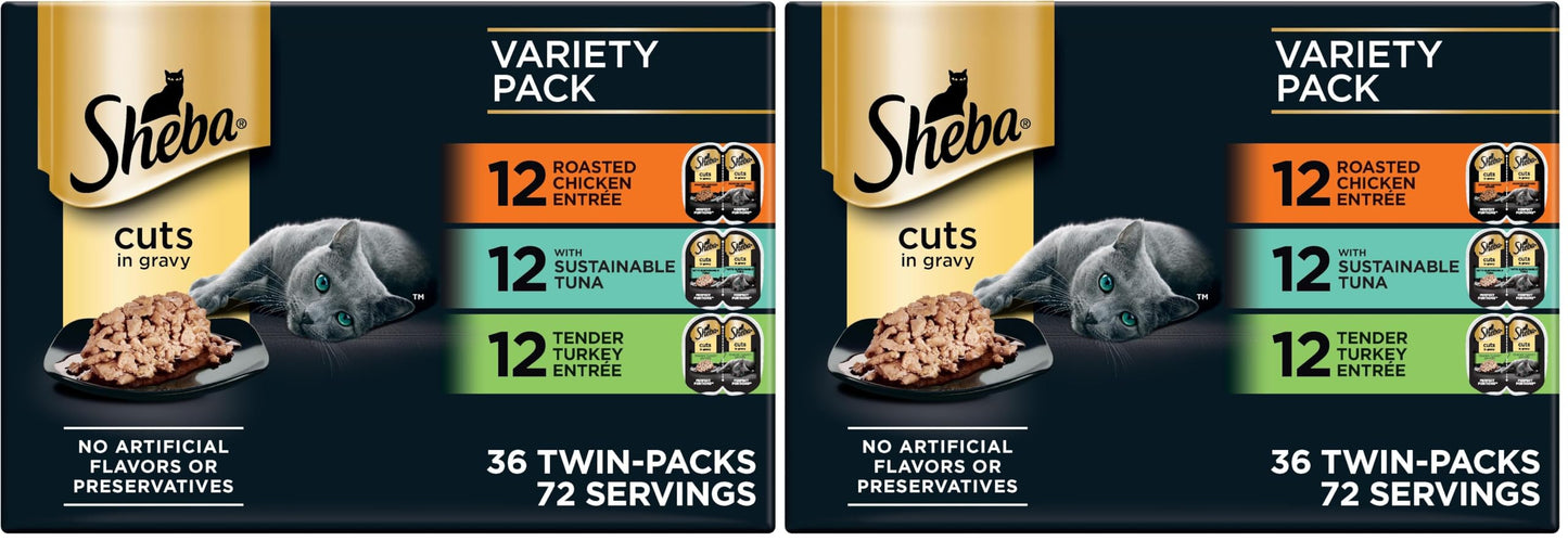 HOTSheba Perfect Portions Cuts Wet Cat Food, Seafood Pack, 2.6 oz, 24 ct | Sustainable salmon & tuna with tender trout, succulent cuts in gravy, no corn or soy, snap-peel-serve twin pack trays