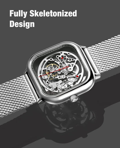 HOTCIGA Design Automatic Mechanical Watch C Series Skeleton Analog Wrist Watch with Milanese Strap Sapphire Crystal Mirror Gifts for Men and Women