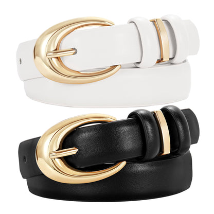 HOTTRIWORKS 2 Pack Women Leather Belt for Jeans Pants Fashion Ladies Faux Leather Belt with Gold Buckle
