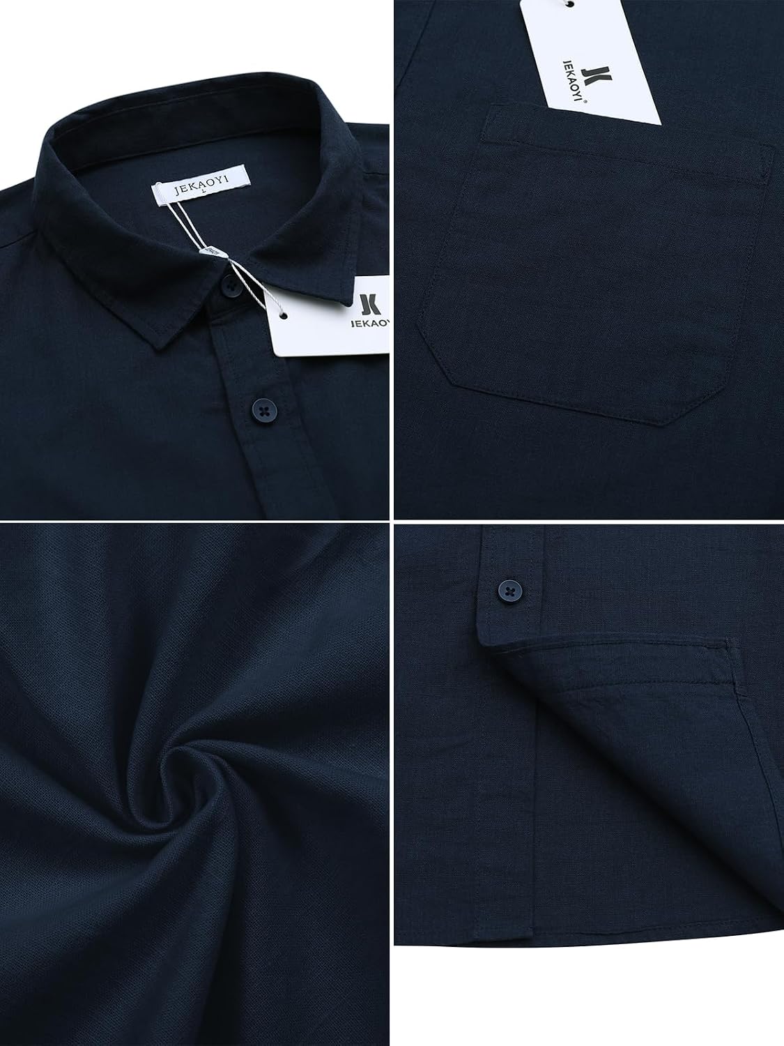 HOTJEKAOYI Button Down Linen Shirts for Men Casual Long Sleeve Regular Fit Cotton Beach Shirts with Pocket