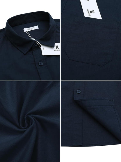 HOTJEKAOYI Button Down Linen Shirts for Men Casual Long Sleeve Regular Fit Cotton Beach Shirts with Pocket