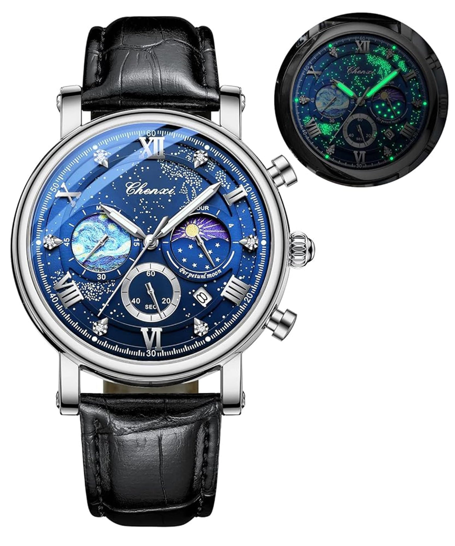HOTFANMIS Men's Classic Watches Multifunctional Analog Watch Business Dress Waterproof Luminous Chronograph Starry Sky Moon Phase Leather Wristwatch