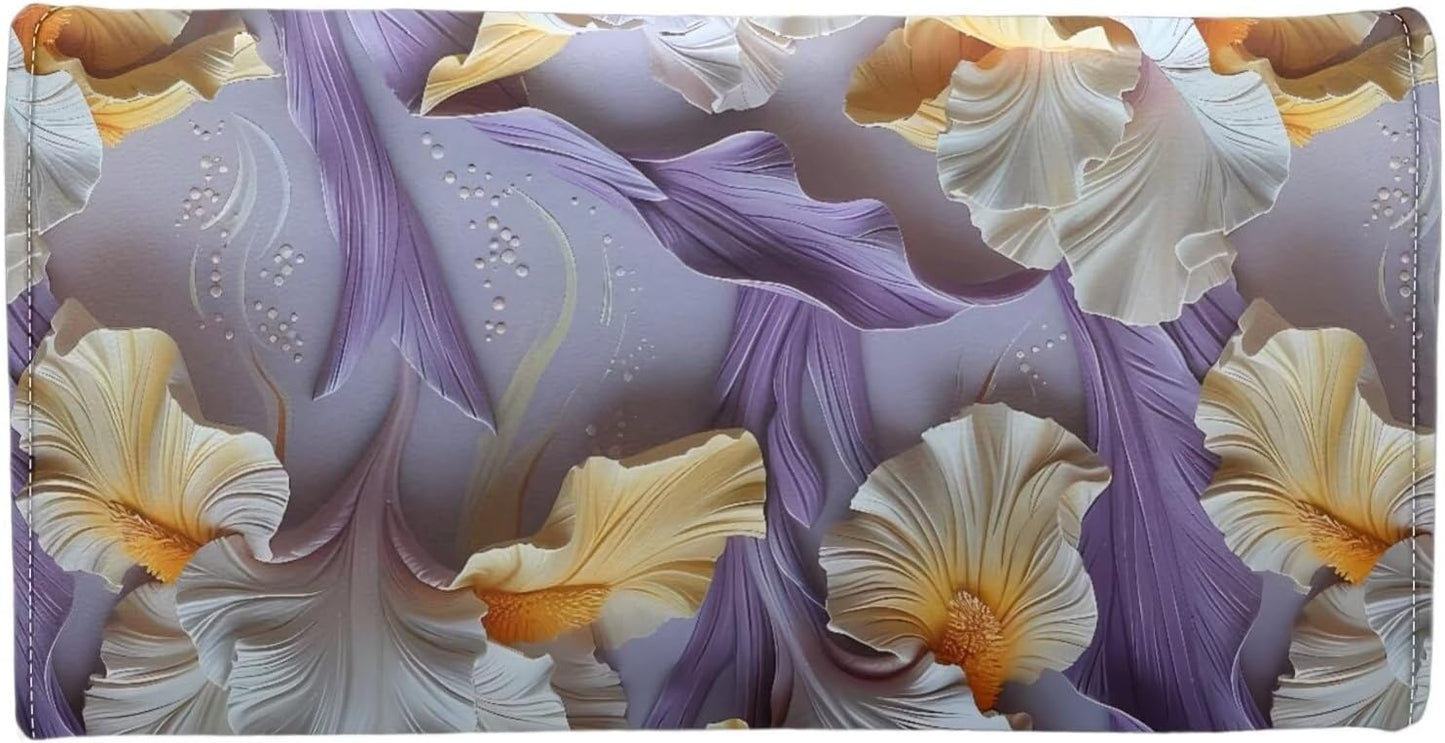 HOTPainting Iris Long Wallets for Women PU Leather Ladies Billfold Wallet,Snap Closure, Purple White Yellow Flowers Trifold Clutch Checkbook Purse with Zipper Pocket