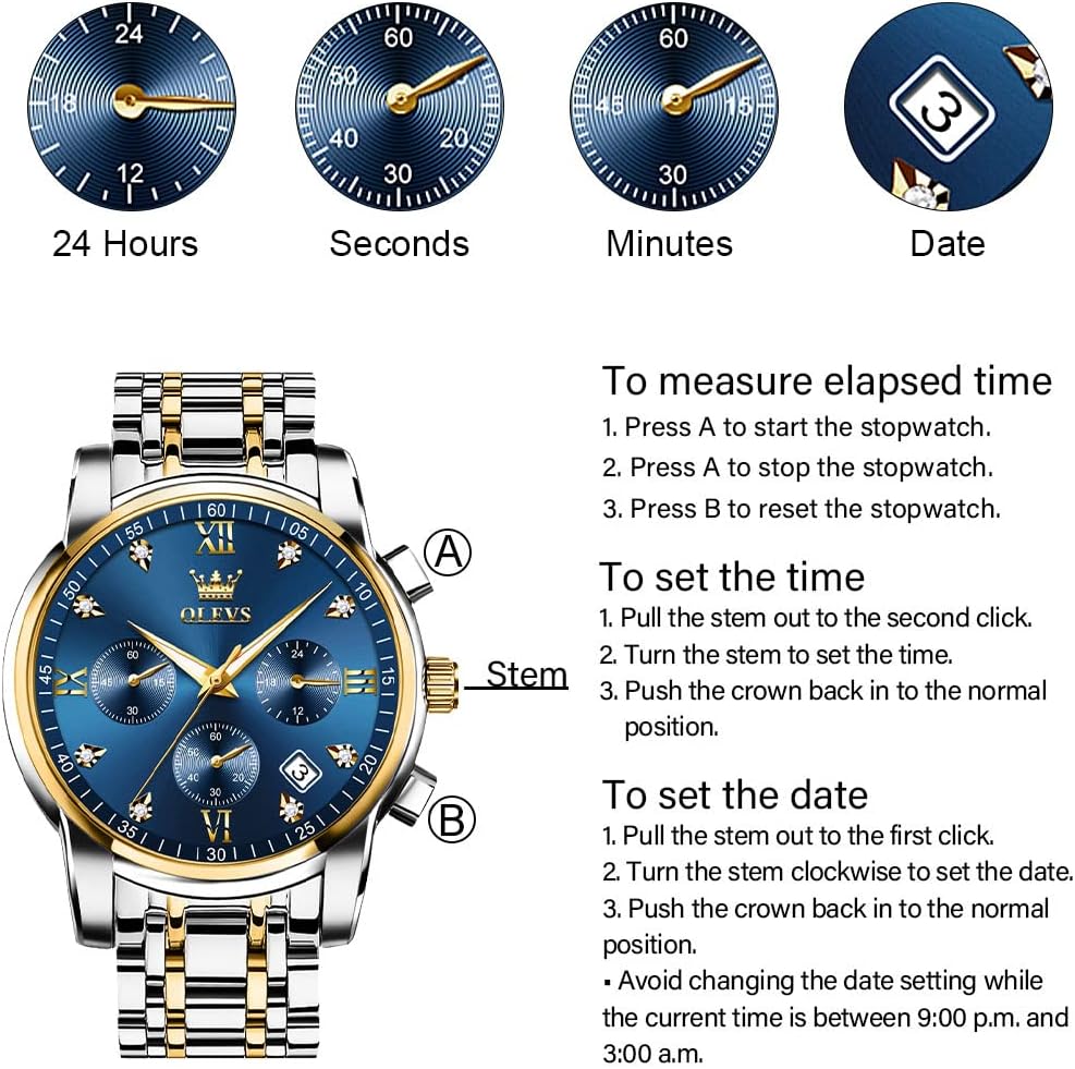 HOTOLEVS Men's Stainless Steel Chronograph Watch, Big Face Gold Silver Black Tone Easy to Read Analog Quartz Watch, Luxury Waterproof Date Diamond Roman Arabic Numerals Dial Dress Watch for Men