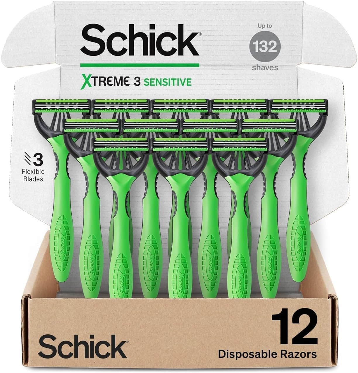 HOTSchick Xtreme 3 Original Sensitive Disposable Razors for Men | Disposable Mens Razors for Shaving Sensitive Skin, 12ct