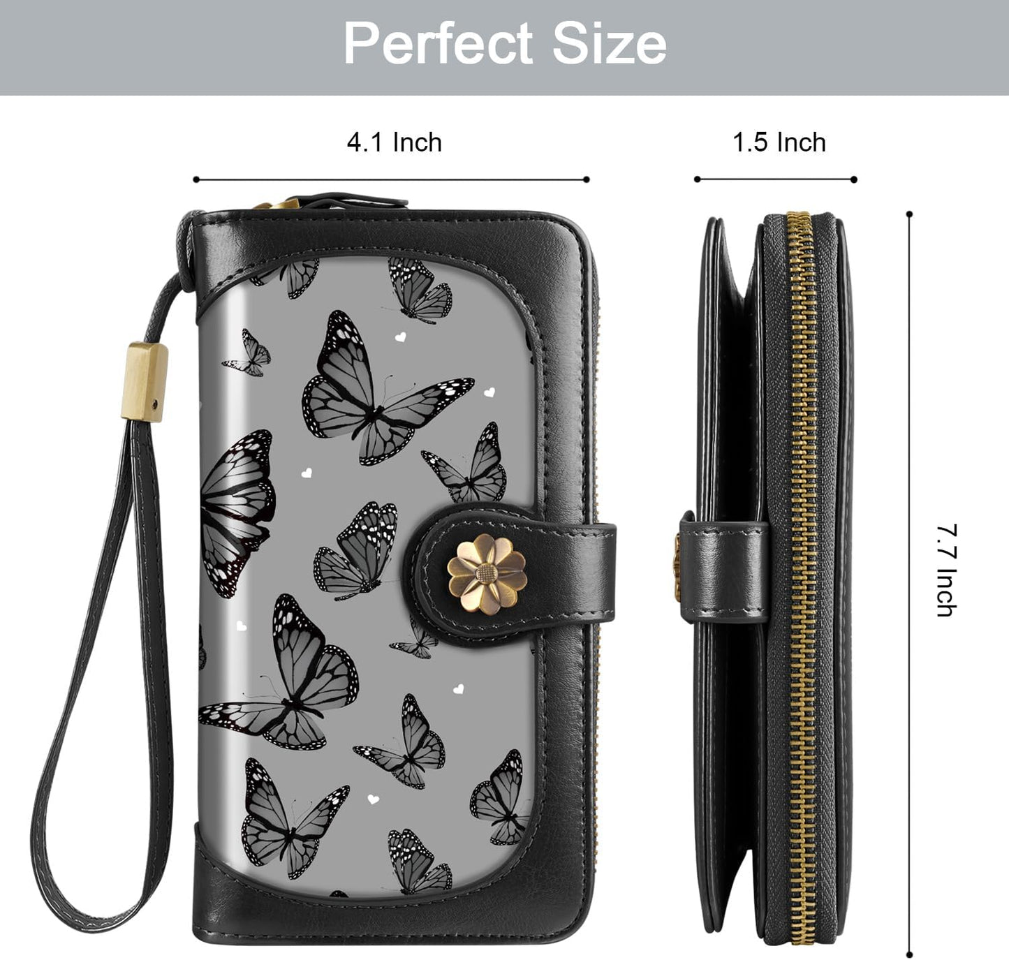 HOTCoco Rossi Black Butterfly Wallet for Women Large Capacity Card Holder Wristlet