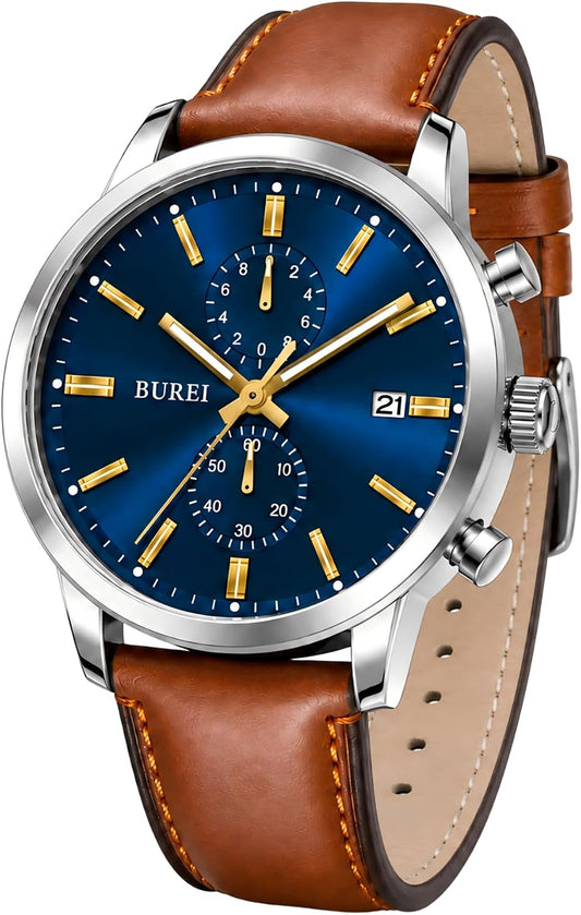 HOTBUREI Men's Leather Watches Chronograph Quartz Watches for Men Classic Cool Lightweight Wristwatch,Gift for Dad Husband Boyfriend