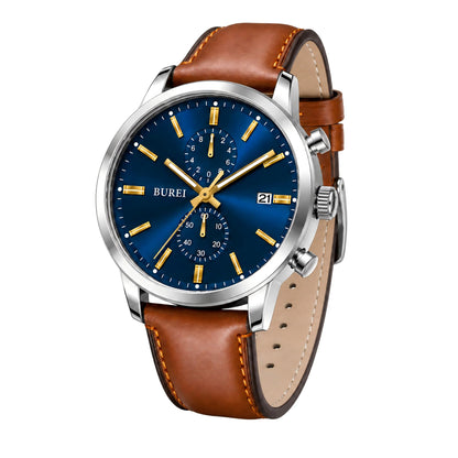 HOTBUREI Men's Leather Watches Chronograph Quartz Watches for Men Classic Cool Lightweight Wristwatch,Gift for Dad Husband Boyfriend