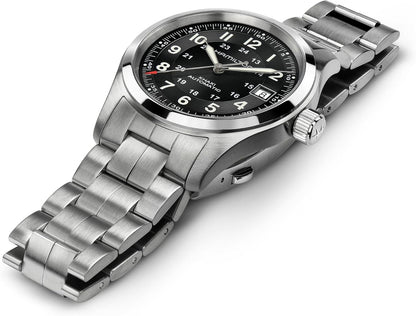 HOTHamilton Khaki Field Automatic Men's Watch, 38mm Stainless Steel Case, Swiss Made, Black Dial Analog Wrist Watch for Men, 100m Waterproof, Sapphire Crystal, 3-Hand Movement, Stainless Steel Strap