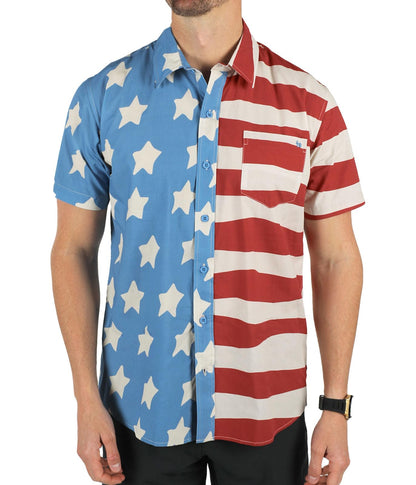 HOTTipsy Elves Patriotic Shirts for Men - USA Short Sleeve Button Up American Flag Shirts for Men for 4th of July