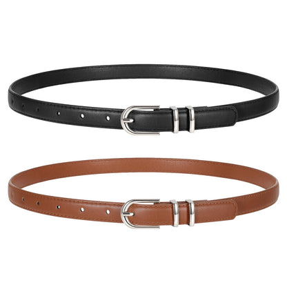 HOTTRIWORKS 2 Pack Women Skinny Leather Belts for Jeans Pants Thin Faux Leather Belt with Gold Buckle
