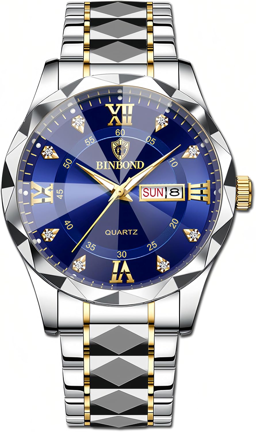 HOTGosasa Luxury Men's and Women's Business Diamond Stainless Steel Waterproof Roman Numeral Analog Quartz Watch with Day-Date Calendar, Gold and Silver Tone