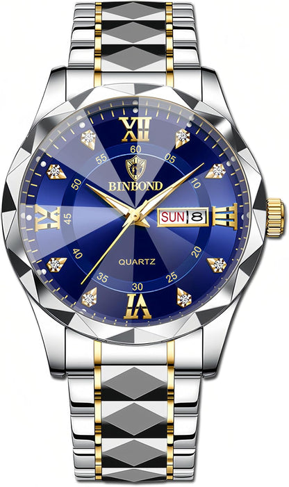 HOTGosasa Luxury Men's and Women's Business Diamond Stainless Steel Waterproof Roman Numeral Analog Quartz Watch with Day-Date Calendar, Gold and Silver Tone