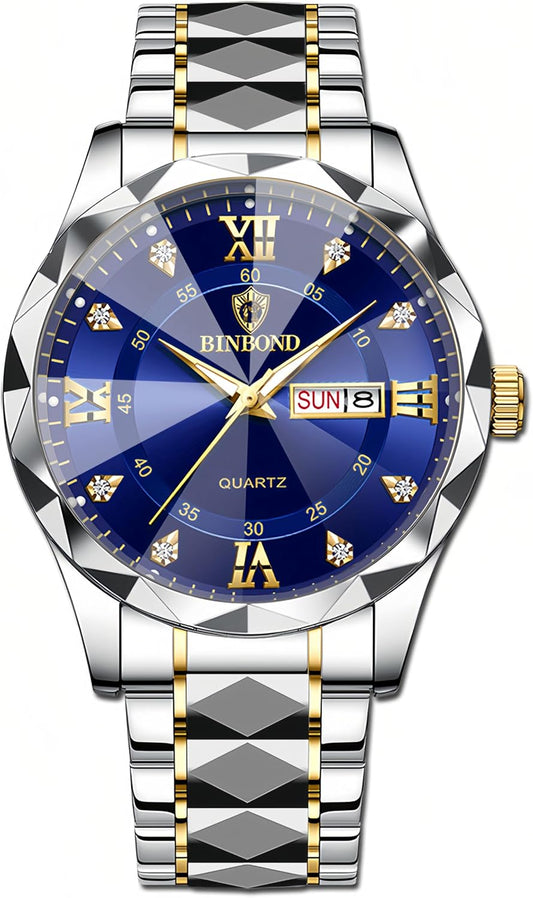 HOTGosasa Luxury Men's and Women's Business Diamond Stainless Steel Waterproof Roman Numeral Analog Quartz Watch with Day-Date Calendar, Gold and Silver Tone
