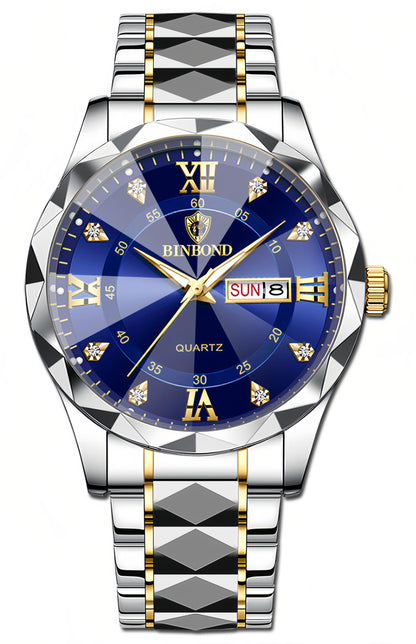 HOTGosasa Luxury Men's and Women's Business Diamond Stainless Steel Waterproof Roman Numeral Analog Quartz Watch with Day-Date Calendar, Gold and Silver Tone