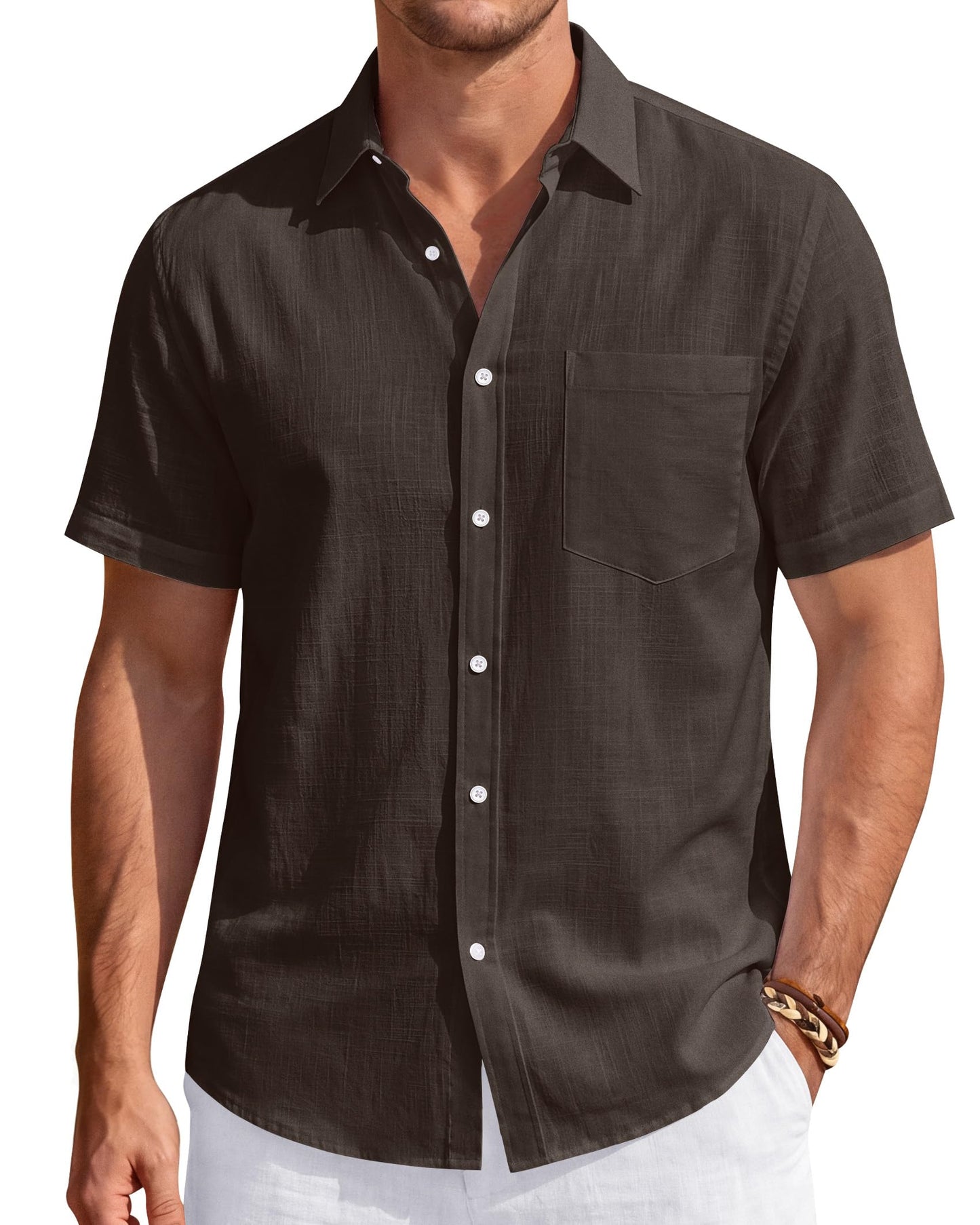HOTJ.VER Mens Linen Shirt Short Sleeve Button Down Casual Summer Shirts | Cotton Linen, Untucked, Big Tall, from Beach Camp Vacation, Cruise Fishing, Work Office, to Wedding Party Family, with Pocket