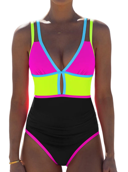 HOTpopvil Women One Piece Swimsuit 2026 Neon Tummy Control Bathing Suit | Tummy Ruched Design, Color Block, Cutout Design, Deep V Neck, Back tie,Adjustable Straps, Neon Trim,Vacation,Beach