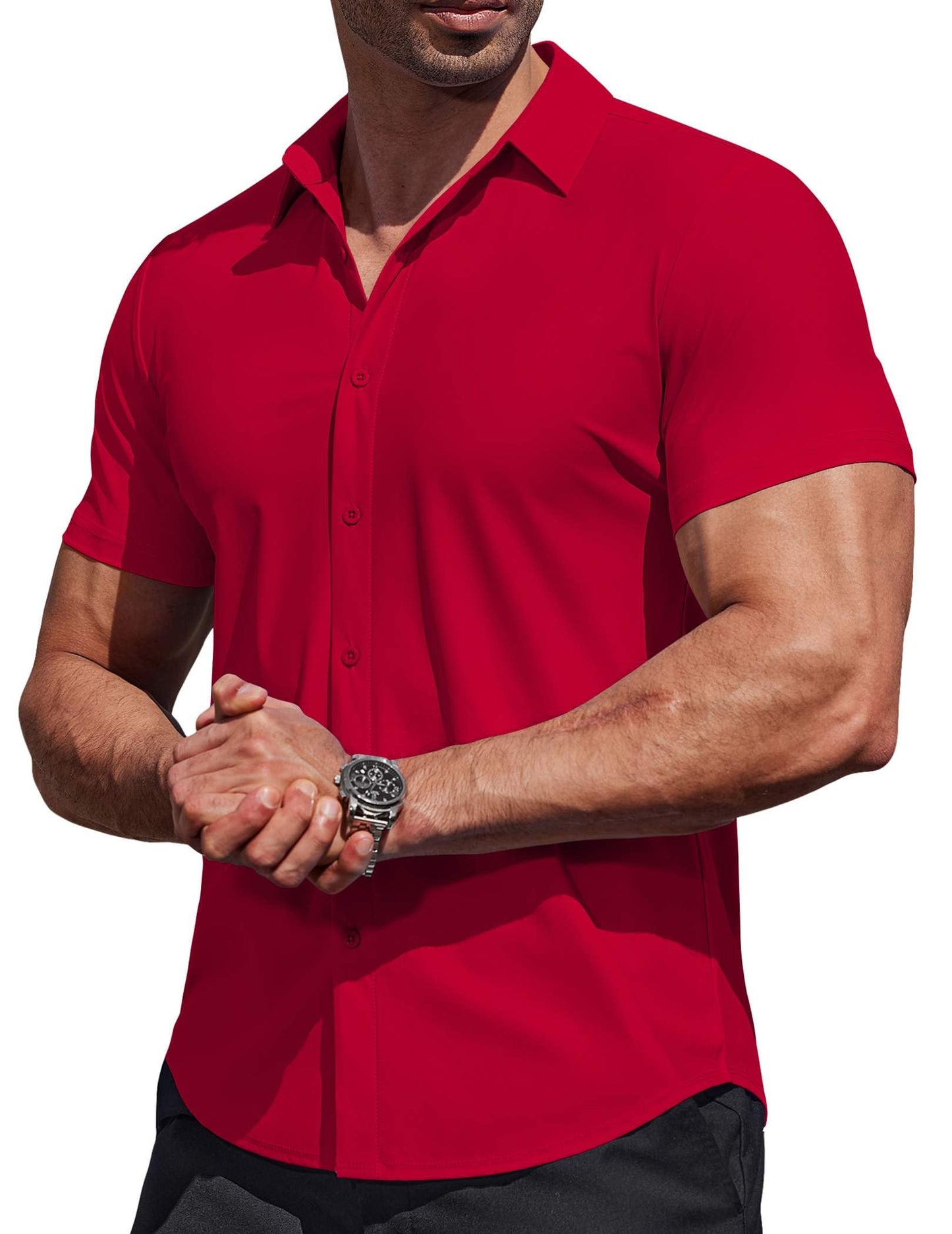 HOTCOOFANDY Mens Muscle Fit Dress Shirts Stretch Wrinkle Free Short Sleeve Button Down Shirt Casual Solid Untucked Shirt