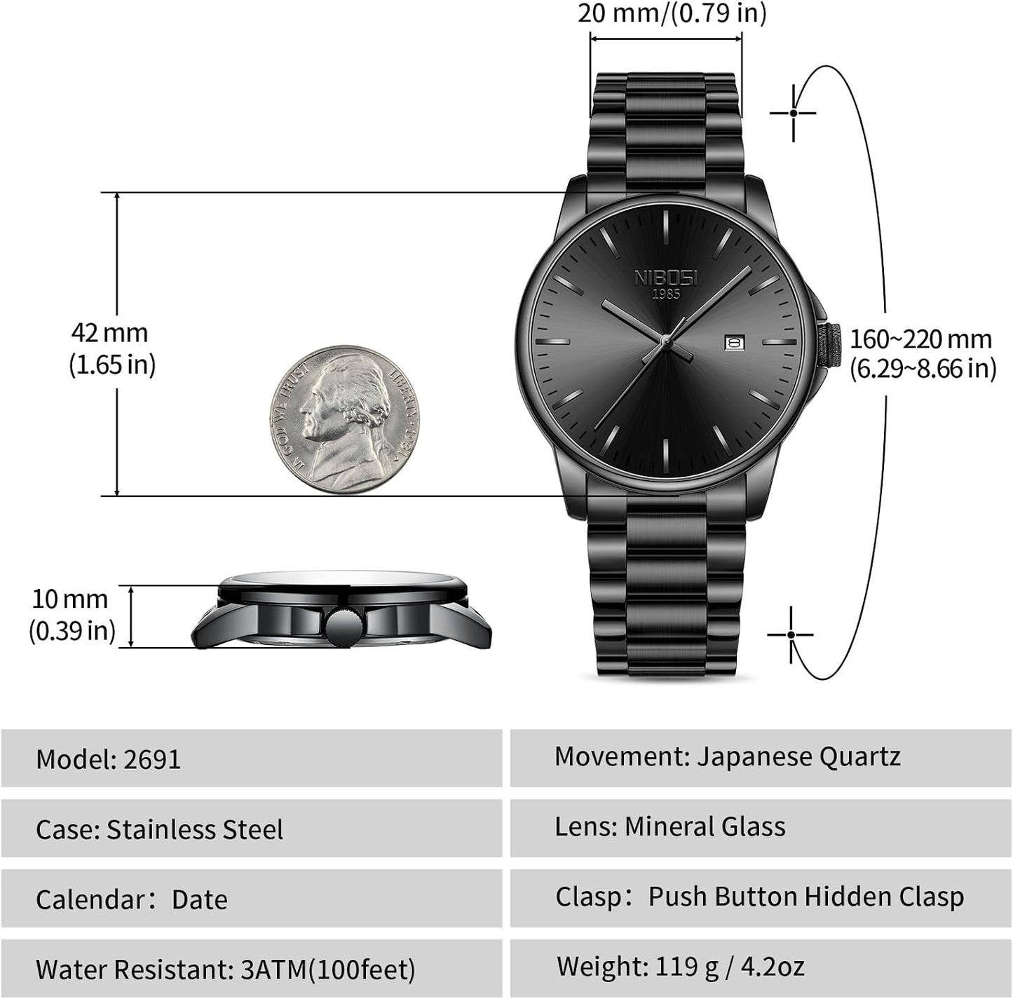 HOTNIBOSI Men Watches Analog Quartz Stainless Steel Black Watches for Men Waterproof Business Classic Watch with Day and Date Display Wrist Watch for Work and Casual Wear