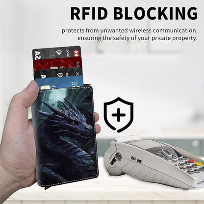 HOTAluminum Auto Pop Up Wallet Case Credit Card Holder For Women Men Girl, Leather Card Case Front Pocket Trifold Wallet with RFID Blocking Banknote Slot Slim Wallet Women, The Four-Horned Dragon