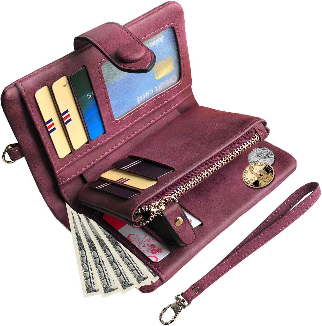 HOTPofeeXIO Womens Small Bifold Leather Wallets RFID Ladies Wristlet with Card Slots id Window Zipper Coin Purse | Small